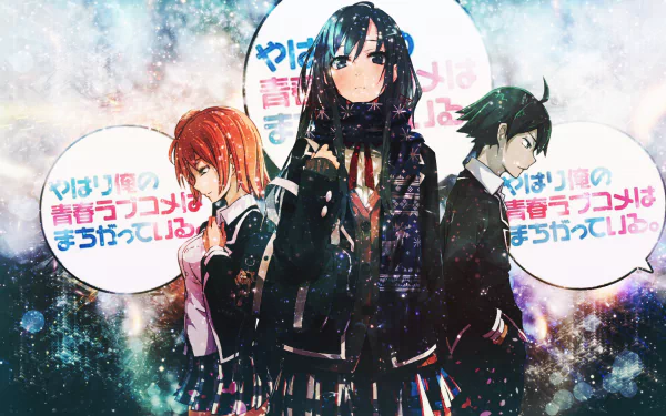 HD wallpaper featuring Yui Yuigahama, Hachiman Hikigaya, and Yukino Yukinoshita from the anime My Teen Romantic Comedy SNAFU, set against a colorful, cosmic background.