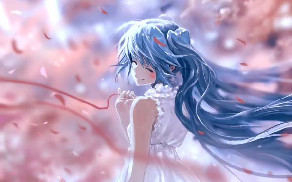 A serene anime scene featuring Hatsune Miku in a flowing white dress, surrounded by petals, with long blue hair and a ribbon, capturing a dreamy atmosphere.