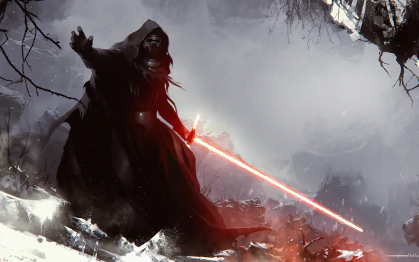 Kylo Ren, wielding a red lightsaber, stands ominously in a snowy landscape from Star Wars Episode VII: The Force Awakens, capturing the dark atmosphere of the movie's epic saga.