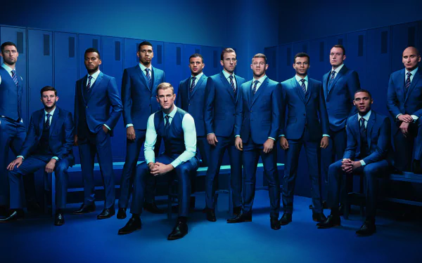 HD PC desktop wallpaper: England UEFA Euro 2016 sports-themed portrait of a football squad in matching blue suits posed in a locker room, formal, stylized atmosphere.