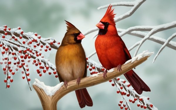 Animal Cardinal Birds Passerines Northern Cardinal Bird Winter Couple HD Wallpaper | Background Image