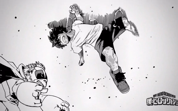 A dynamic scene from My Hero Academia, featuring Izuku Midoriya in an action pose, captures the spirit of heroism with bold lines and contrasting colors, making it a striking desktop wallpaper.