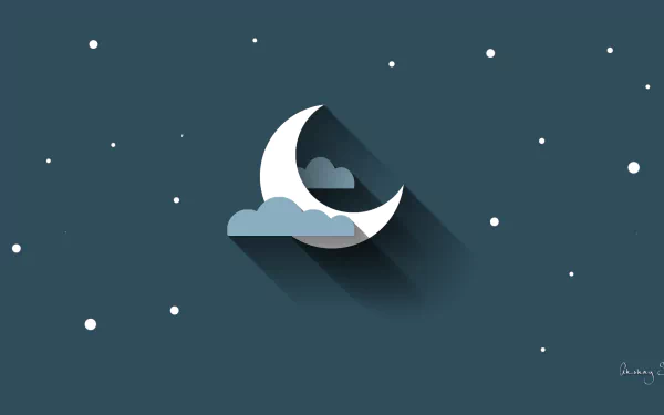 Artistic, minimalist HD PC desktop wallpaper featuring a crescent moon partially covered by clouds against a dark teal night sky with scattered stars.