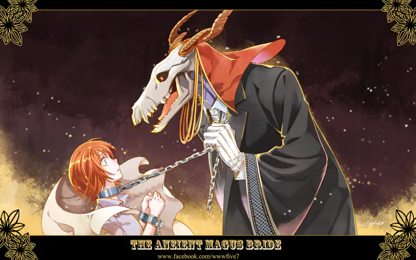 HD desktop wallpaper of characters Elias Ainsworth and Chise Hatori from the anime Mahoutsukai no Yome (The Ancient Magus' Bride). Elias is holding a necklace around Chise's neck with a serene background.