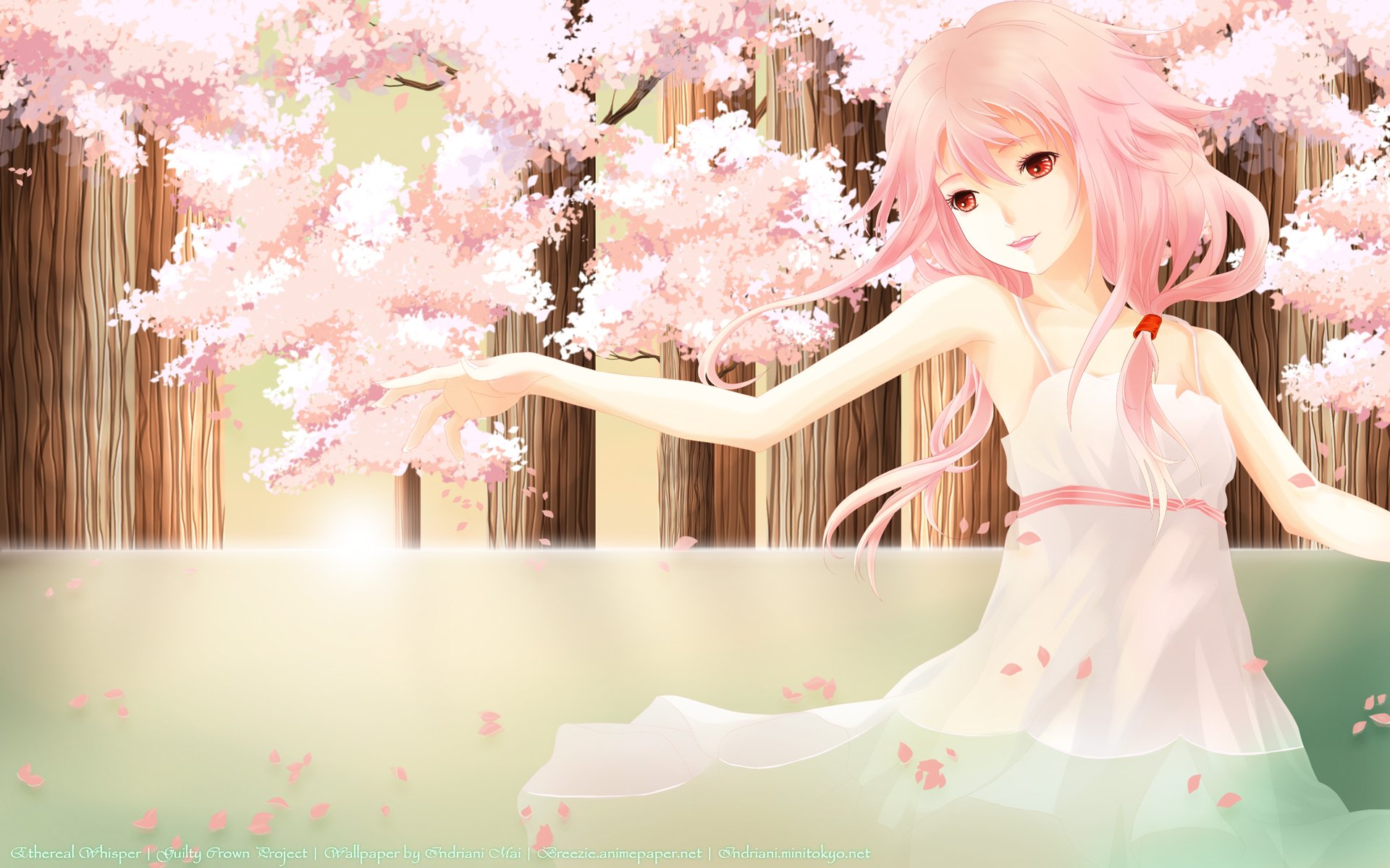 HD anime desktop wallpaper featuring Inori Yuzuriha with flowing pink hair, surrounded by blooming cherry blossoms from Guilty Crown.