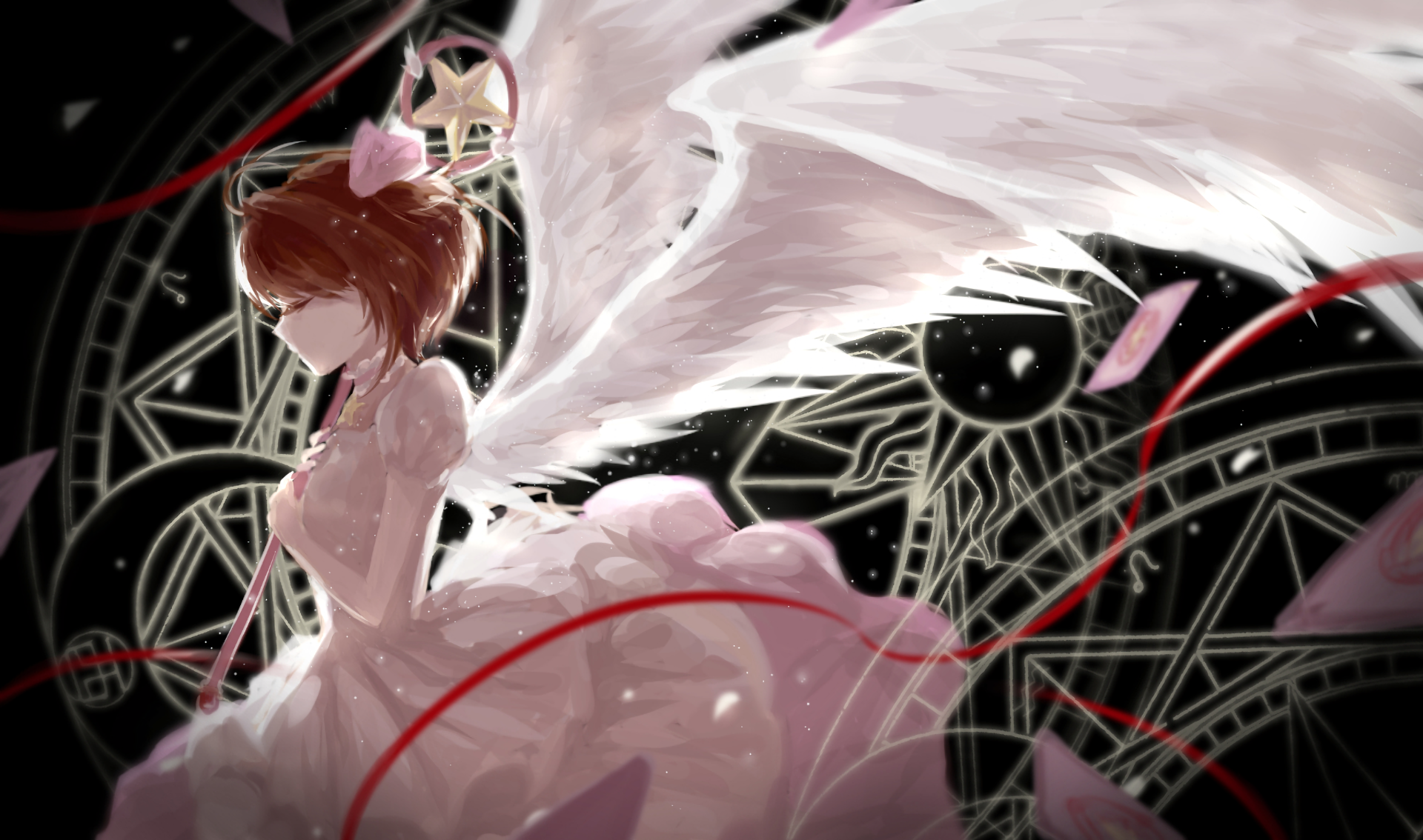 HD anime desktop wallpaper featuring Sakura Kinomoto from Cardcaptor Sakura with angelic wings and a magical, intricate background design.