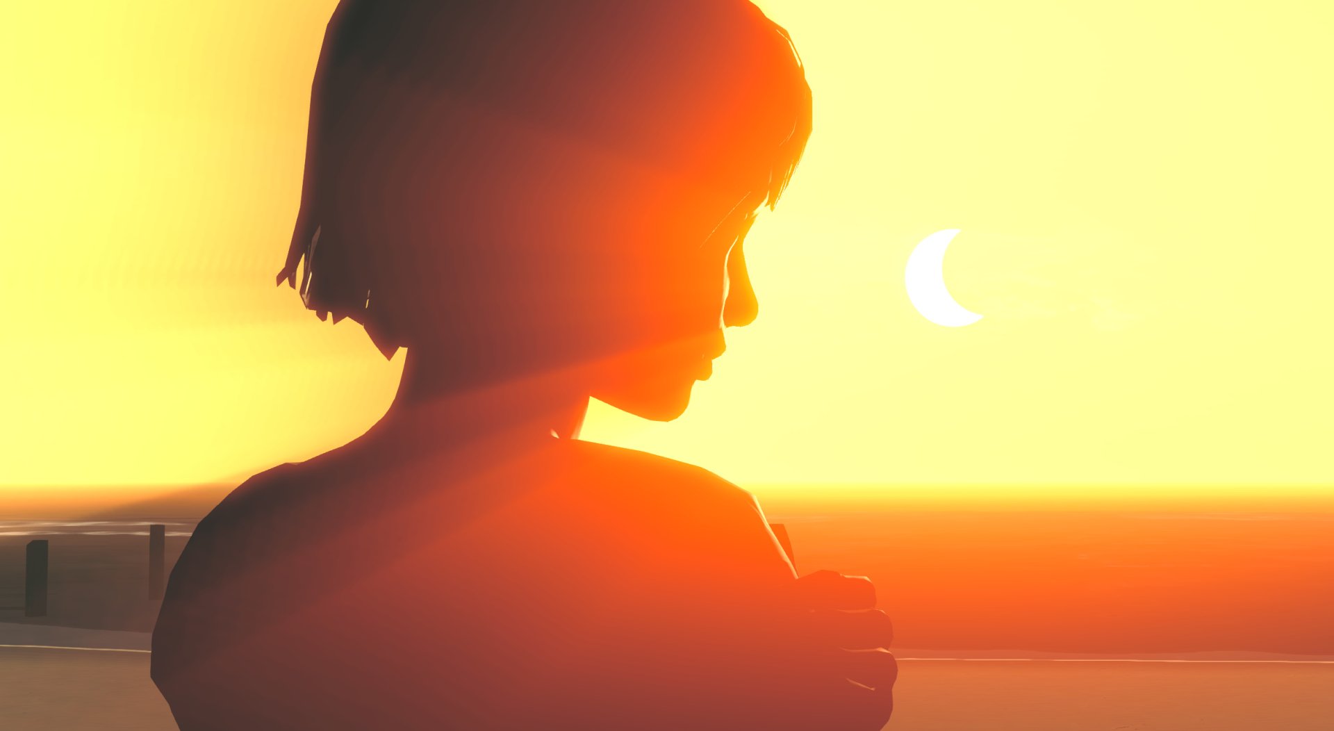 A silhouette of a girl against a vibrant sunset, capturing a moment of reflection and emotion from the video game Life Is Strange. A stunning HD desktop wallpaper.