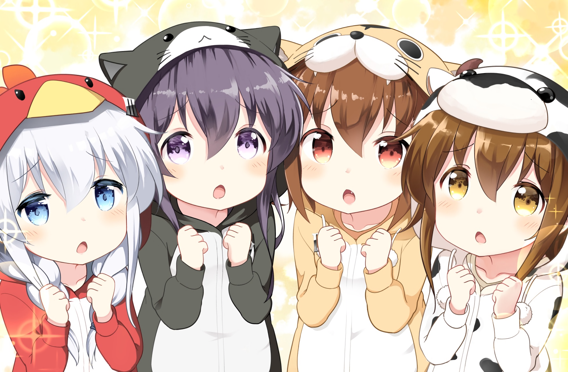 HD wallpaper featuring Inazuma, Ikazuchi, Hibiki, and Akatsuki from Kantai Collection. The characters are wearing cute animal onesies, showcasing their playful personalities.
