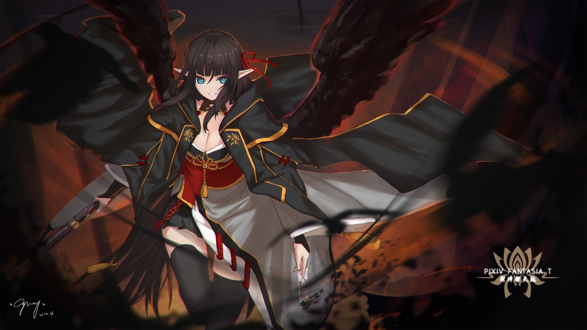 A fantasy-themed anime character with black hair and blue eyes, wearing ribbons and thigh highs, wields a gun and displays wings, set against a vivid, dynamic background.