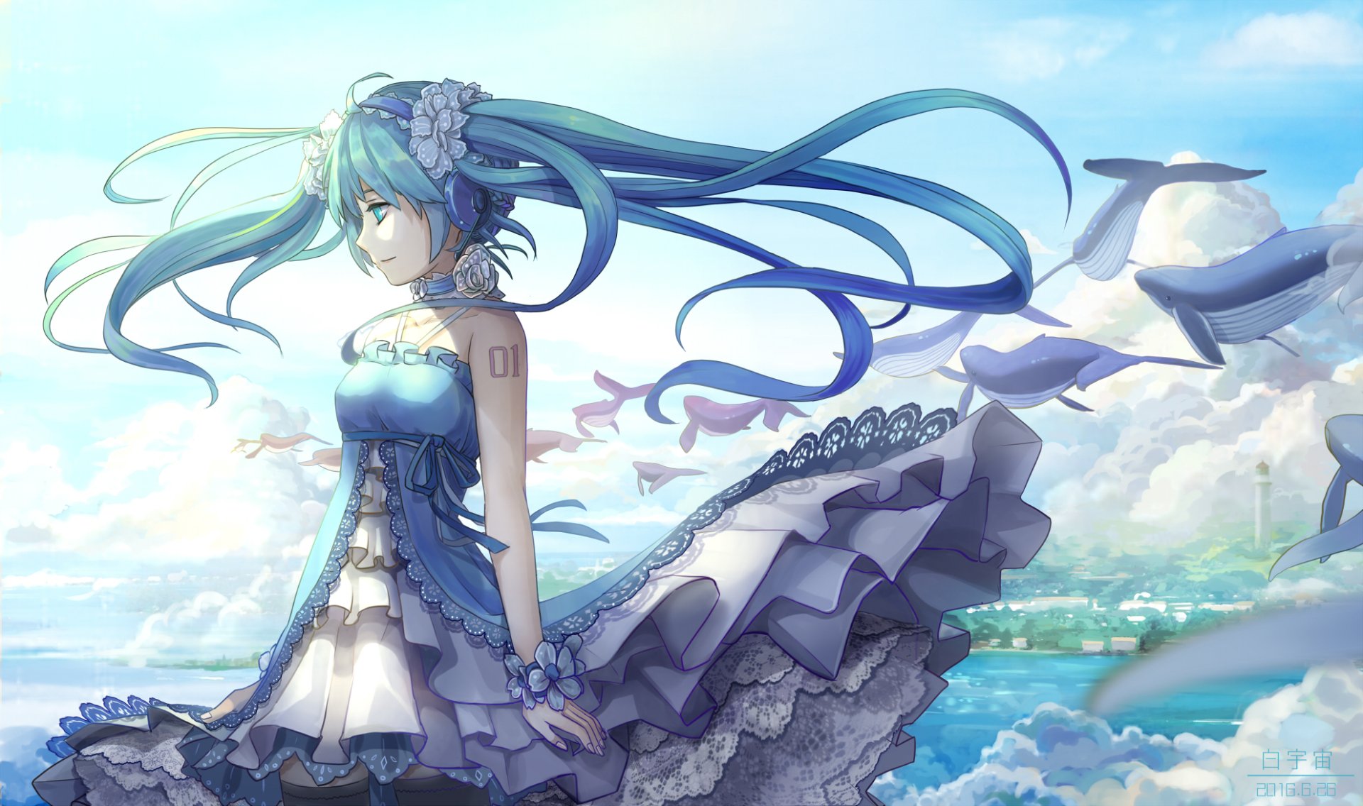 A vibrant HD desktop wallpaper featuring Hatsune Miku, the popular anime Vocaloid, standing gracefully by the sea with flowing hair and a beautiful blue dress, surrounded by birds and clouds.