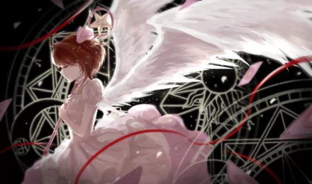 HD anime desktop wallpaper featuring Sakura Kinomoto from Cardcaptor Sakura with angelic wings and a magical, intricate background design.
