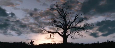 HD desktop wallpaper and background of The Witcher 3: Wild Hunt, showcasing a haunting silhouette of a barren tree with hanging bodies against a dramatic sunset sky.