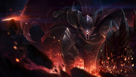 HD desktop wallpaper featuring Pantheon from League of Legends, displaying the character in dynamic combat with a fiery background.