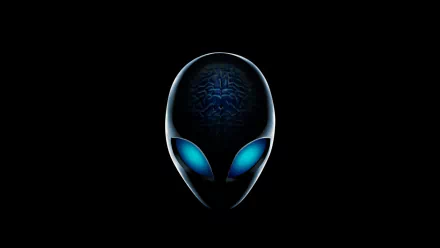 HD Alienware desktop wallpaper featuring a sleek alien head with glowing blue eyes and a visible brain, blending futuristic technology with extraterrestrial design.
