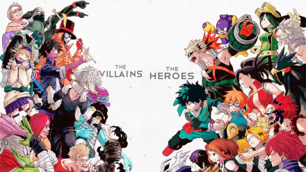 HD desktop wallpaper and background featuring characters from the anime My Hero Academia, showcasing a dynamic face-off between The Villains on the left and The Heroes on the right.
