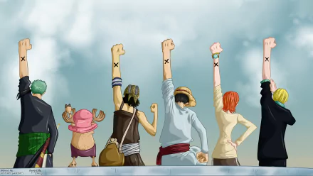 HD desktop wallpaper featuring Sanji, Roronoa Zoro, Usopp, Tony Tony Chopper, Nami, and Monkey D. Luffy from One Piece. The characters raise their fists with skies in the background.