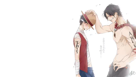HD wallpaper of One Piece characters Portgas D. Ace and Monkey D. Luffy sharing a moment, with Ace placing Luffy's hat on his head.
