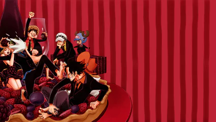 HD wallpaper featuring characters from One Piece, including Monkey D. Luffy, Portgas D. Ace, Trafalgar Law, Tony Tony Chopper, Sabo, and Koala, set against a vibrant red background.