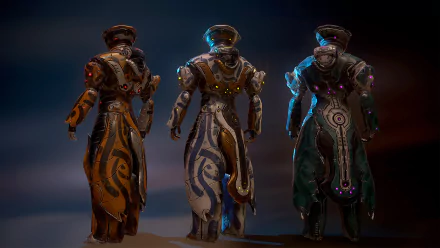 Back view of three Frost (Warframe) variants in orange, white and green armor, rendered for a 2K Quad HD PC desktop wallpaper — Warframe video game background.