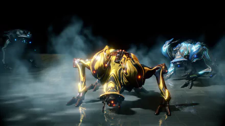 HD PC desktop wallpaper featuring a Hyena Pack enemy from the video game Warframe in a dark, smoky environment.