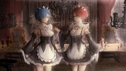 A beautiful HD wallpaper featuring twins Rem and Ram from Re:Zero - Starting Life in Another World dressed in maid uniforms, with pink and blue hair and eyes, standing in an elegantly decorated room.