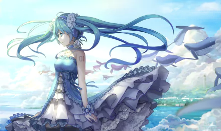 A vibrant HD desktop wallpaper featuring Hatsune Miku, the popular anime Vocaloid, standing gracefully by the sea with flowing hair and a beautiful blue dress, surrounded by birds and clouds.