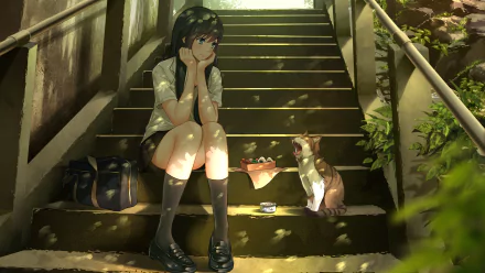 An anime girl with black hair and a school uniform sits on stairs, smiling and blushing, with a cat and her lunch nearby. Sunlight filters through the trees, casting shadows on the steps.