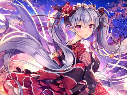 A stunning anime girl with long white twintails and pink eyes wears a decorative yukata adorned with flowers and ribbons, set against a vibrant, dreamy background.