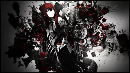 An HD desktop wallpaper featuring Kurisu Makise from the anime Steins;Gate, showcasing a dramatic composition of red and black elements amidst a dynamic background.