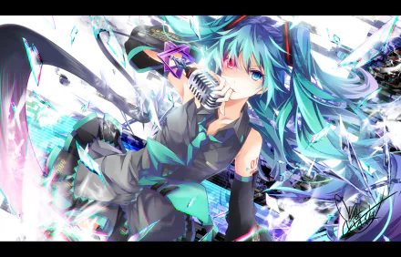HD anime desktop wallpaper featuring Hatsune Miku, the iconic Vocaloid, with vibrant colors and dynamic energy in a striking, futuristic design.