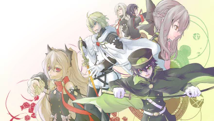 Anime-inspired HD desktop wallpaper featuring characters from Seraph of the End, showcasing vibrant colors and dynamic poses against a softly blended background.
