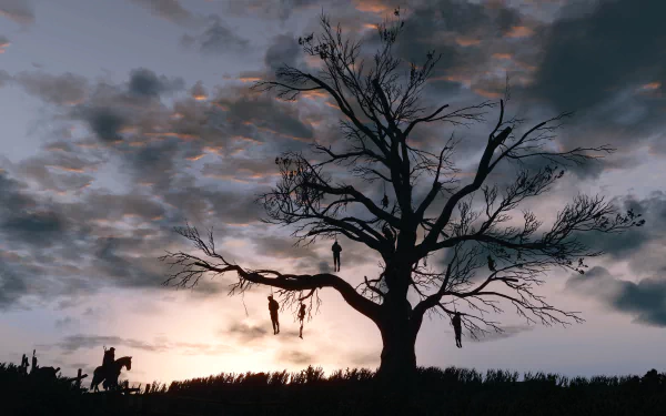 HD desktop wallpaper and background of The Witcher 3: Wild Hunt, showcasing a haunting silhouette of a barren tree with hanging bodies against a dramatic sunset sky.