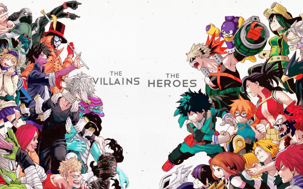 HD desktop wallpaper and background featuring characters from the anime My Hero Academia, showcasing a dynamic face-off between The Villains on the left and The Heroes on the right.
