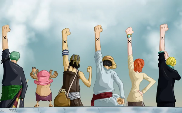 HD desktop wallpaper featuring Sanji, Roronoa Zoro, Usopp, Tony Tony Chopper, Nami, and Monkey D. Luffy from One Piece. The characters raise their fists with skies in the background.