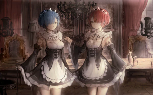 A beautiful HD wallpaper featuring twins Rem and Ram from Re:Zero - Starting Life in Another World dressed in maid uniforms, with pink and blue hair and eyes, standing in an elegantly decorated room.