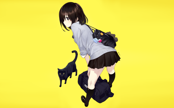 Anime Original School Uniform Skirt Cat Short Hair Brown Hair Brown Eyes Blush Bag HD Wallpaper | Background Image