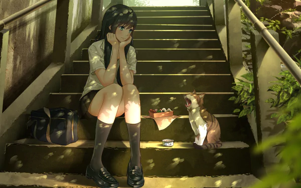 An anime girl with black hair and a school uniform sits on stairs, smiling and blushing, with a cat and her lunch nearby. Sunlight filters through the trees, casting shadows on the steps.