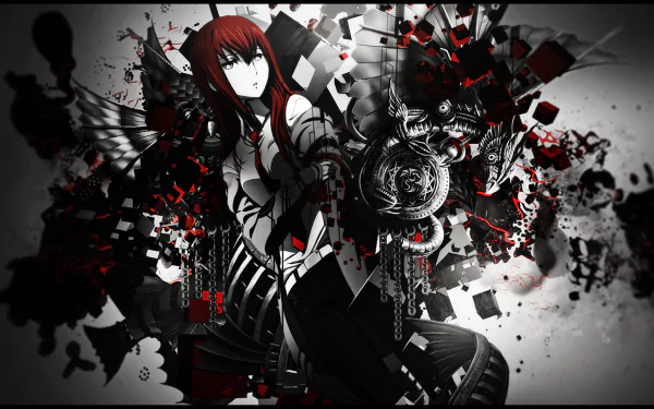 An HD desktop wallpaper featuring Kurisu Makise from the anime Steins;Gate, showcasing a dramatic composition of red and black elements amidst a dynamic background.