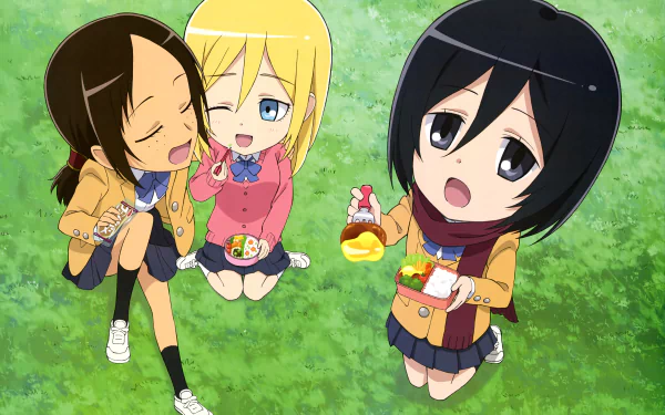 Chibi-style Ymir, Historia Reiss, and Mikasa Ackerman from Attack on Titan: Junior High enjoying a picnic on grass in this 4K Ultra HD anime wallpaper.