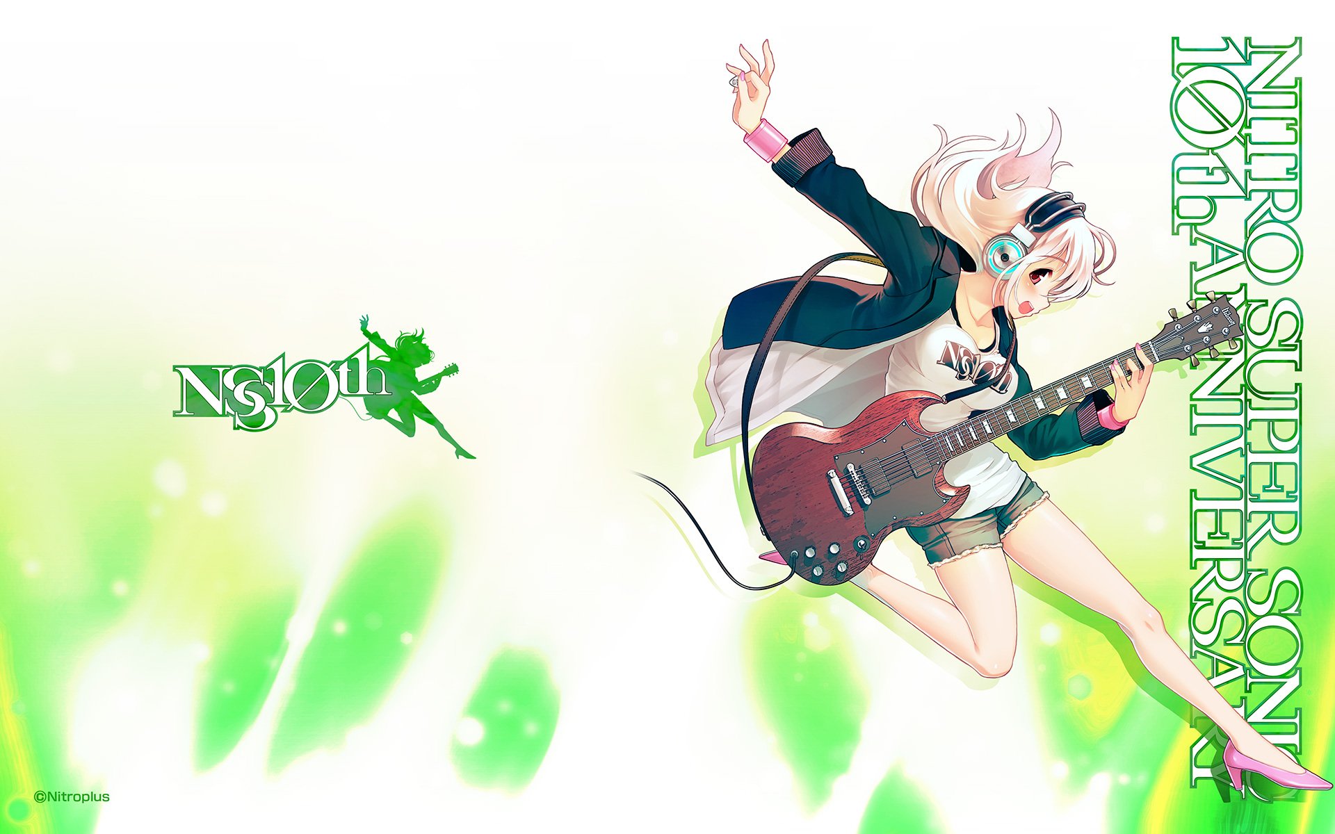 HD PC desktop wallpaper background featuring anime character Super Sonico in headphones, playing an electric guitar against a bright green-white backdrop.