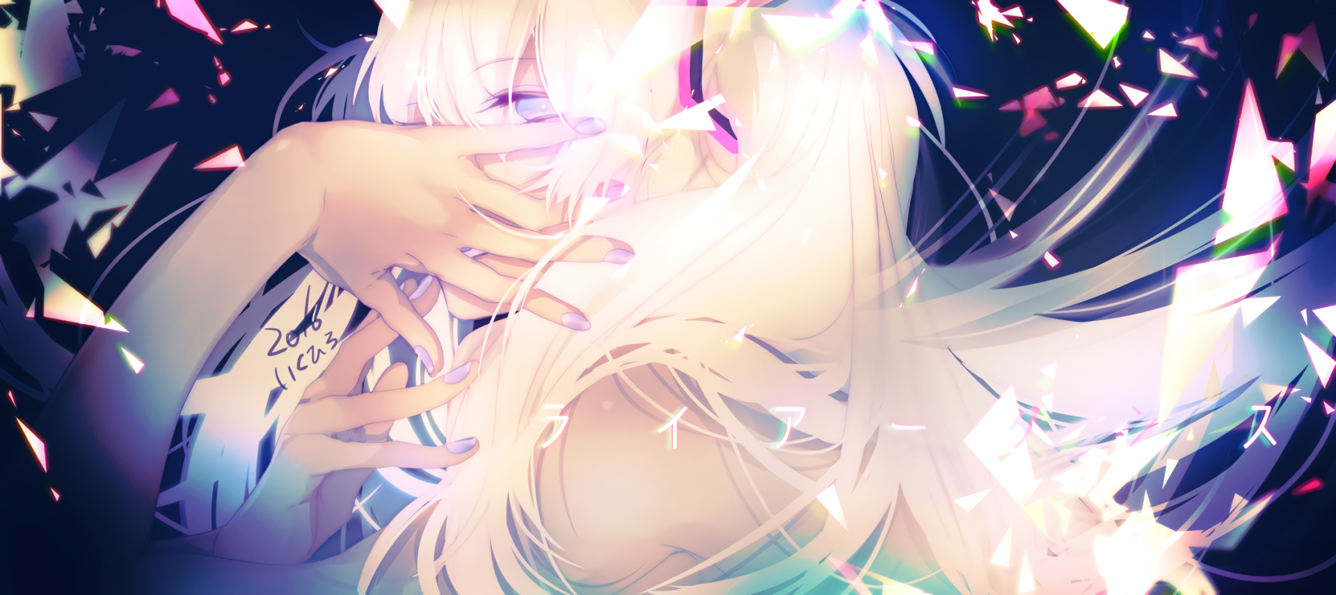 A vibrant HD wallpaper featuring Hatsune Miku, the popular Vocaloid character with blue eyes and long blonde twintails, surrounded by colorful geometric shapes and light effects.