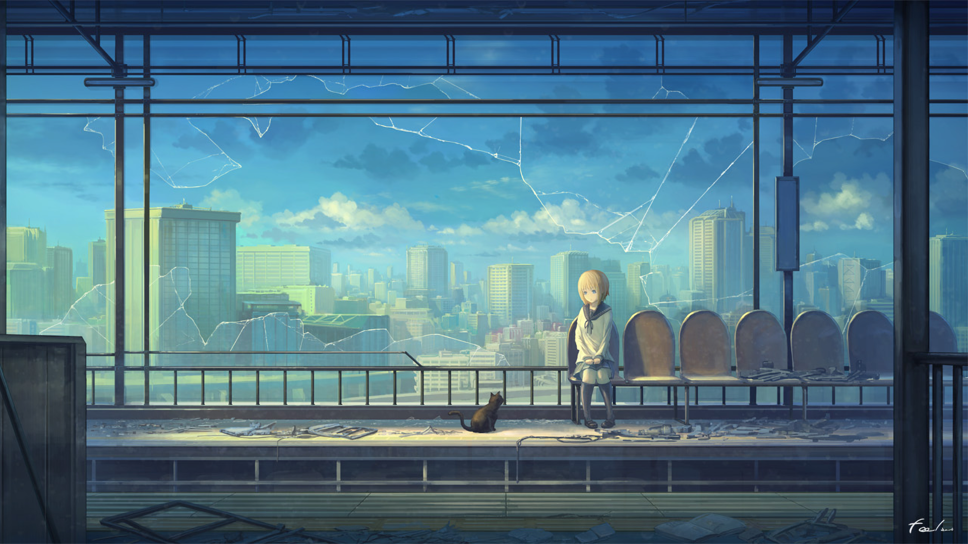 Anime-style wallpaper featuring a cityscape viewed through broken glass. A cat sits beside a person on a bench at an abandoned train station under a bright sky with scattered clouds.