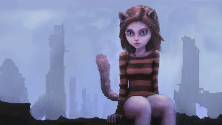 HD PC desktop wallpaper/background of an anime-style furry anthropomorphic cat girl — an anime girl with ears, tail and striped sweater, seated before a misty ruined city.
