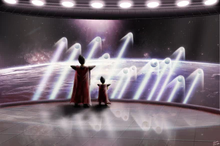 HD wallpaper featuring characters King Vegeta and Vegeta from Dragon Ball Z. The duo stands inside a space station, gazing at beams shooting across a planet against a cosmic backdrop.