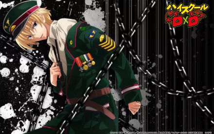 High-definition wallpaper featuring Yuuto Kiba from anime High School DxD, showcasing him in a military-style outfit against a striking black and white background.