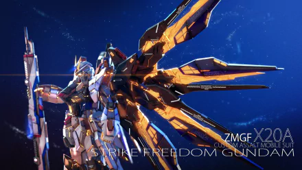 An HD desktop wallpaper featuring the Strike Freedom Gundam from Mobile Suit Gundam Seed Destiny, showcasing its intricate design and vibrant colors against a cosmic background.