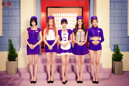 Five members of EXID stand in stylish purple outfits against a colorful backdrop. This HD desktop wallpaper captures their vibrant energy and unique fashion.