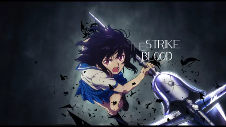 An HD desktop wallpaper featuring Yukina Himeragi from the anime Strike the Blood, showcasing her in an action pose with her weapon amidst dark, dramatic effects. The title Strike the Blood is displayed prominently.