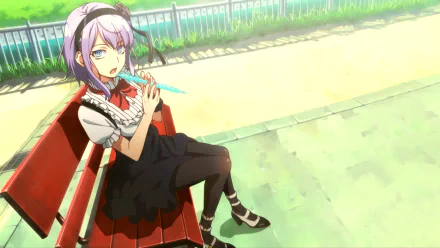 A character from Dagashi Kashi, Shidare Hotaru, sits on a bench by a fence, enjoying food while wearing a stylish outfit, complete with a headband and high heels. Vibrant anime colors enhance the scene.