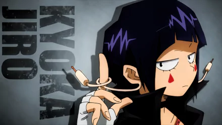 HD desktop wallpaper featuring Kyōka Jirō from the anime My Hero Academia, showcasing her earphone jacks against a gray background with her name on the left.